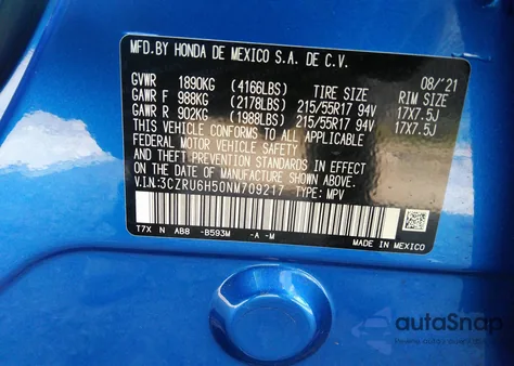 2022 Honda Hr-V Awd Ex из США, поврежденный, VIN 3CZRU6H50NM709217